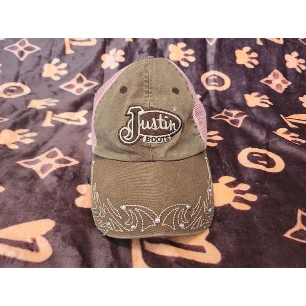 Justin Boots Women’s Western Trucker Hat Brown Pink Rhinestone Embellished